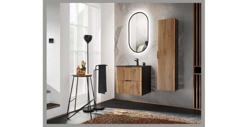 Ensemble de salle de bain KINOKO : meuble sous vasque à tiroirs 60cm + vasque à encastrer noire + siphon