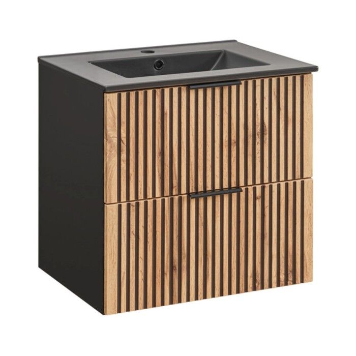 Badezimmer-Set KINOKO: Unterschrank mit Schubladen 60cm + schwarzes Einbauwaschbecken + Siphon
