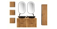 Set KINOKO : mobili sotto lavabo + 2 lavabi neri rotondi da appoggio + 2 specchi LED + mobili contenitori