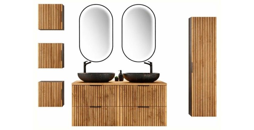 Set KINOKO : mobili sotto lavabo + 2 lavabi neri rotondi da appoggio + 2 specchi LED + mobili contenitori