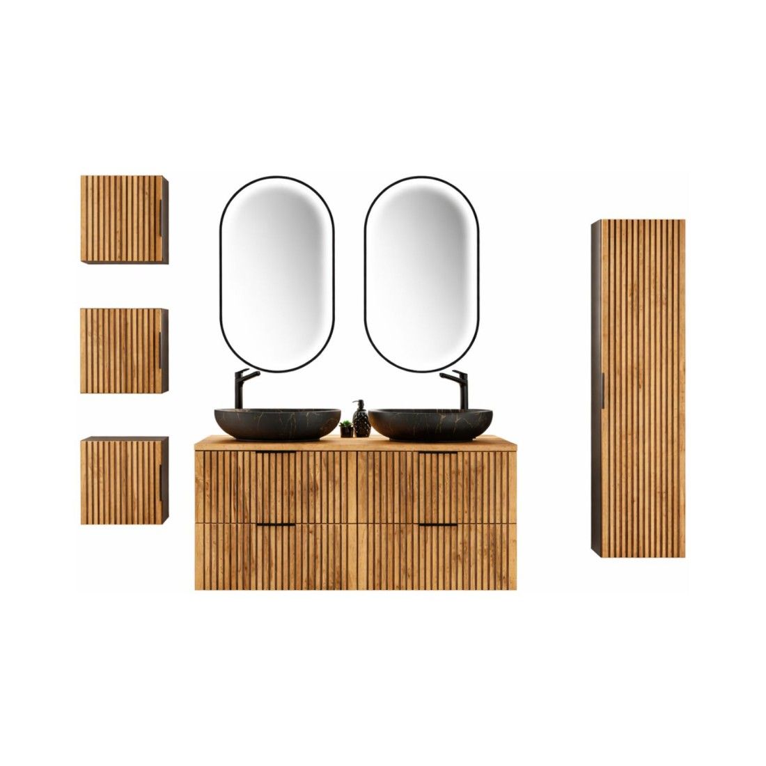 Set KINOKO : mobili sotto lavabo + 2 lavabi neri rotondi da appoggio + 2 specchi LED + mobili contenitori