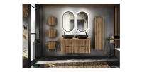 Set KINOKO : mobili sotto lavabo + 2 lavabi neri rotondi da appoggio + 2 specchi LED + mobili contenitori
