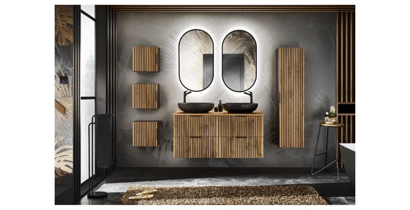 Set KINOKO : mobili sotto lavabo + 2 lavabi neri rotondi da appoggio + 2 specchi LED + mobili contenitori