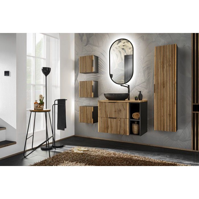 Ensemble de salle de bain KINOKO avec meuble sous vasques, vasque, rangements et miroirs mis en situation