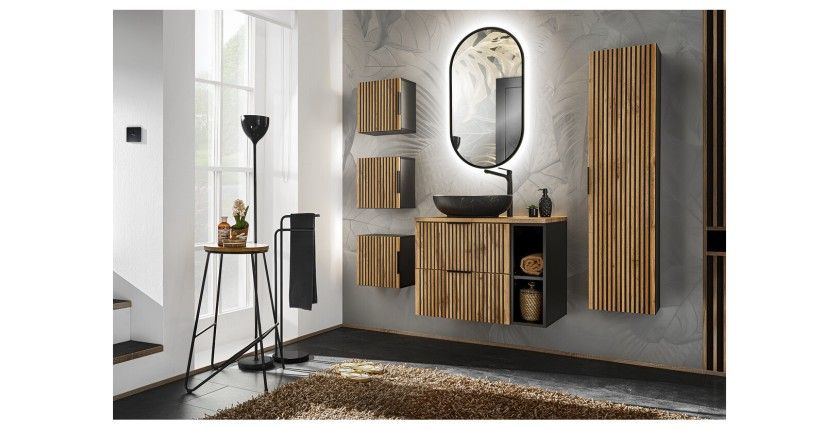 Set KINOKO: mobile sottolavabo 80cm + lavabo nero rotondo da appoggio + specchio LED + mobili contenitori