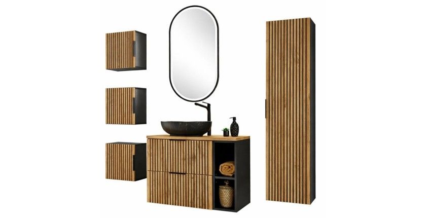Set KINOKO: mobile sottolavabo 80cm + lavabo nero rotondo da appoggio + specchio LED + mobili contenitori