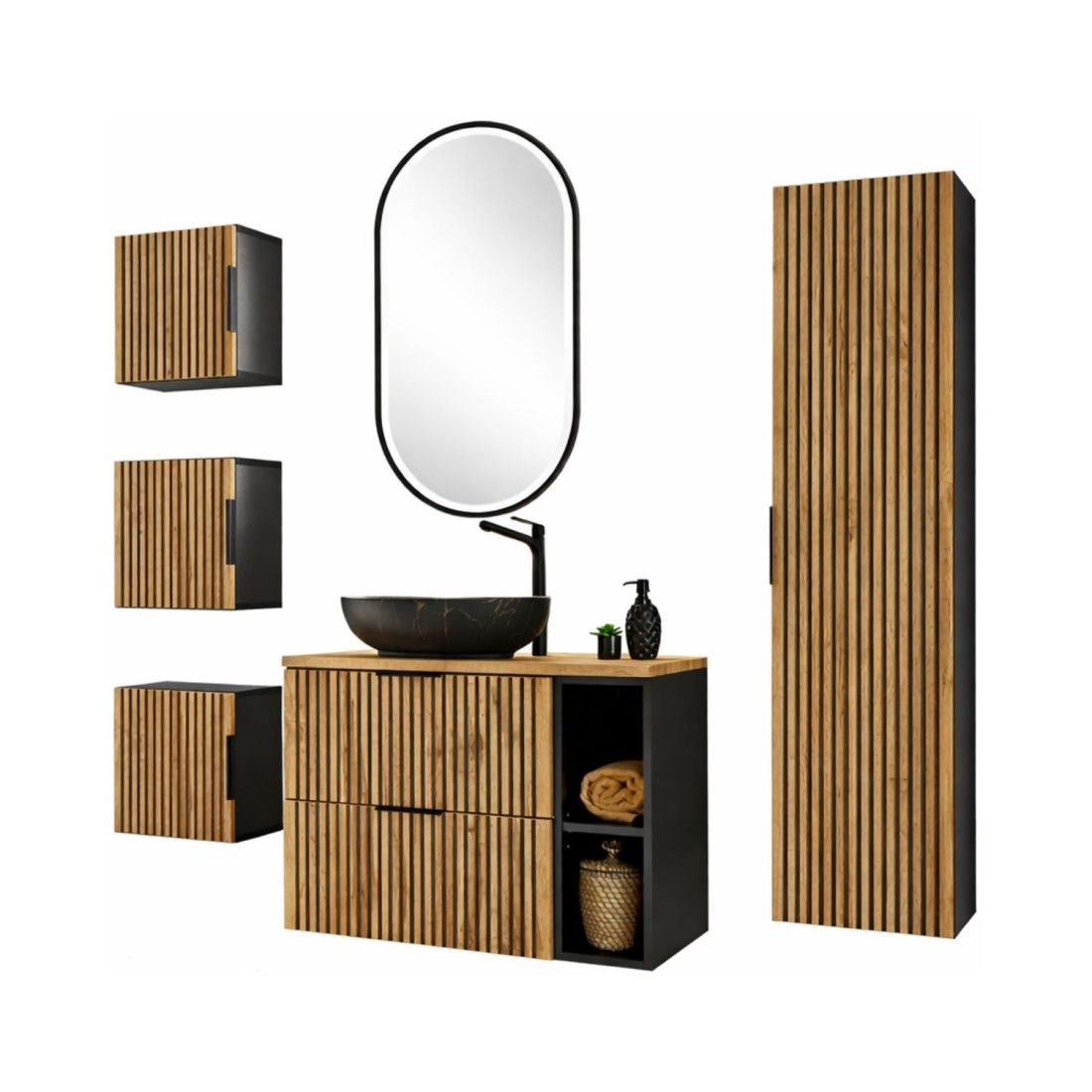 Set KINOKO: mobile sottolavabo 80cm + lavabo nero rotondo da appoggio + specchio LED + mobili contenitori