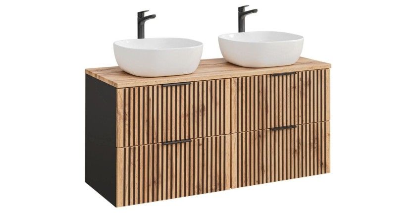 Set KINOKO: mobile sottolavabo 120cm + piano d'appoggio + 2 lavabi bianchi quadrati arrotondati da appoggio