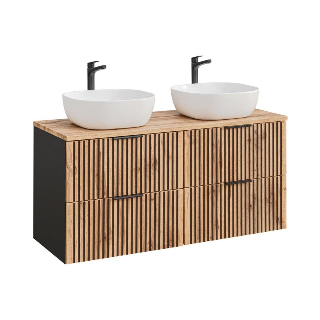 Set KINOKO: mobile sottolavabo 120cm + piano d'appoggio + 2 lavabi bianchi quadrati arrotondati da appoggio