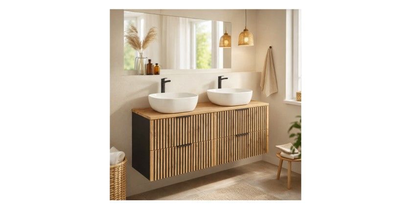 Set KINOKO: mobile sottolavabo 120cm + piano d'appoggio + 2 lavabi bianchi quadrati arrotondati da appoggio