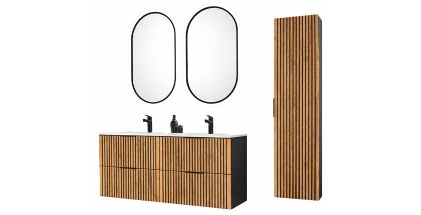 Set KINOKO: mobile sottolavabo 120cm + doppio lavabo incassato bianco + 2 specchi LED ovali + colonna