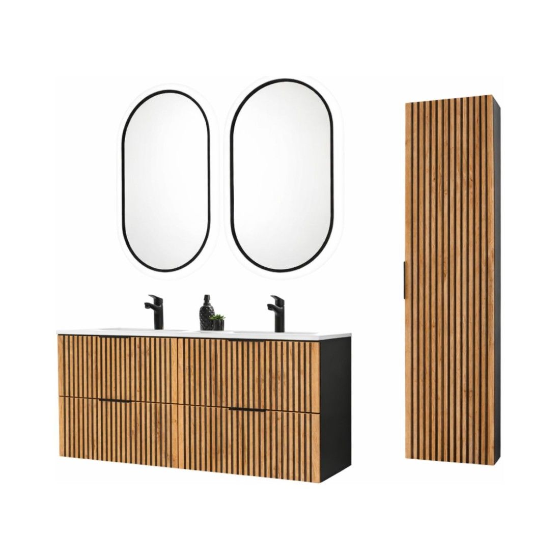 Set KINOKO: mobile sottolavabo 120cm + doppio lavabo incassato bianco + 2 specchi LED ovali + colonna