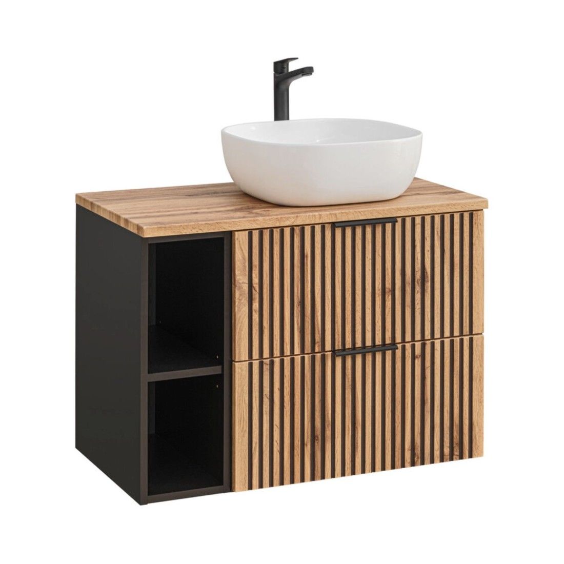 Insieme KINOKO: mobili sotto lavabo 80cm + piano lavabo + lavabo da appoggio quadrato arrotondato bianco