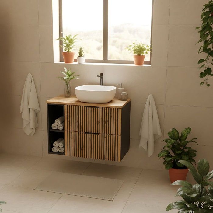 Insieme KINOKO: mobili sotto lavabo 80cm + piano lavabo + lavabo da appoggio quadrato arrotondato bianco