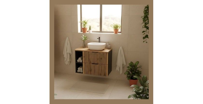Insieme KINOKO: mobili sotto lavabo 80cm + piano lavabo + lavabo da appoggio quadrato arrotondato bianco