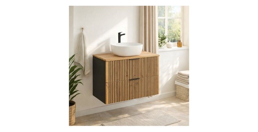 Set KINOKO: mobile sottolavabo con cassetti 100cm + piano in rovere + lavabo quadrato bianco da appoggio