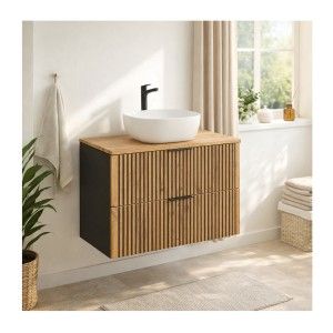 Meuble sous vasque 100cm, plan pour vasque et vasque à poser KINOKO mis en situation