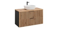 Set KINOKO: mobile sottolavabo con cassetti 100cm + piano in rovere + lavabo quadrato bianco da appoggio