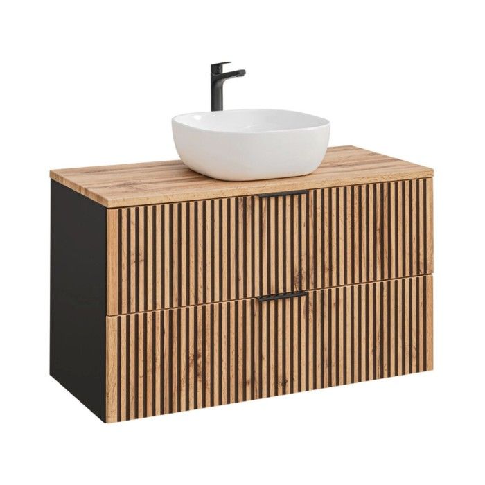 Conjunto KINOKO: mueble bajo lavabo con cajones 100cm + encimera de roble + lavabo blanco cuadrado para colocar