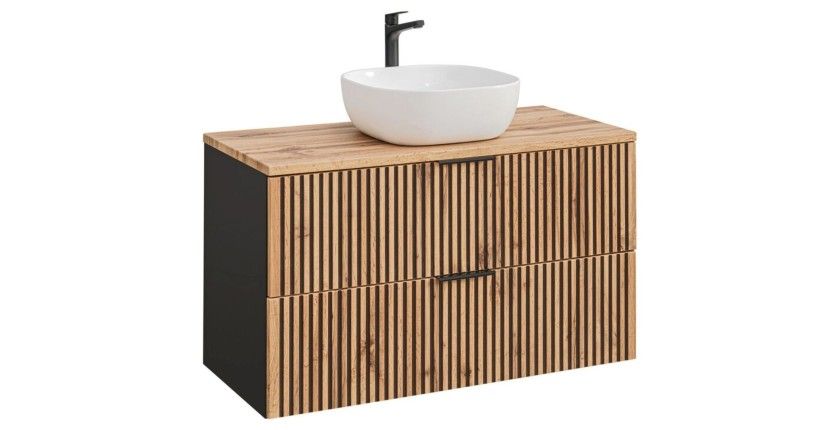 Set KINOKO: mobile sottolavabo con cassetti 100cm + piano in rovere + lavabo quadrato bianco da appoggio