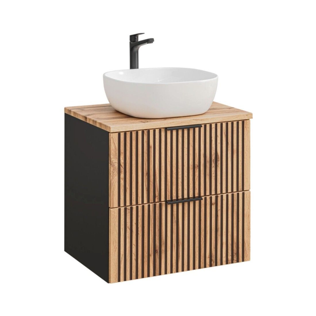 Insieme KINOKO: mobile sottolavabo con cassetti 60cm + piano lavabo in rovere + lavabo bianco quadrato da appoggio