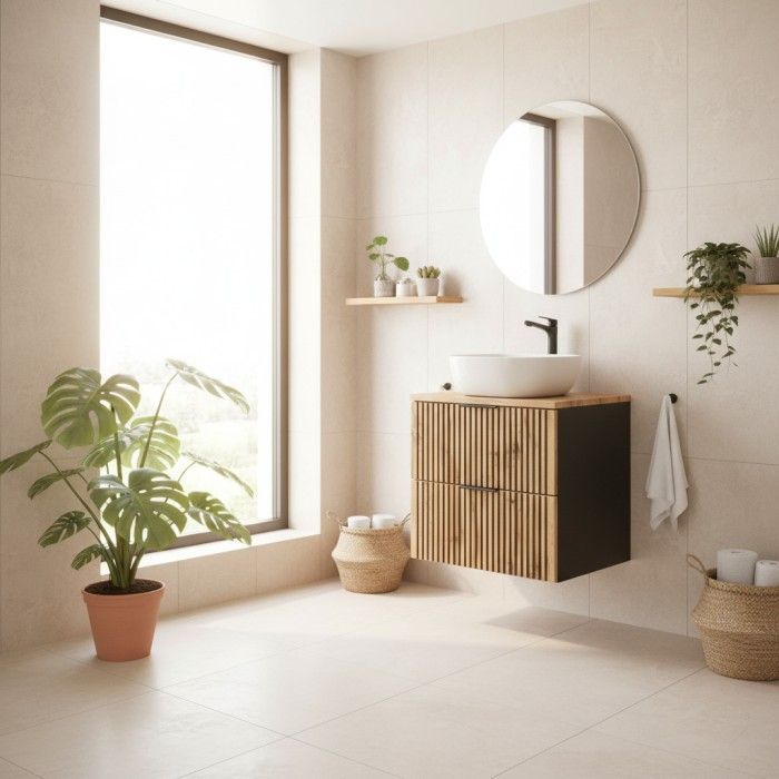 Insieme KINOKO: mobile sottolavabo con cassetti 60cm + piano lavabo in rovere + lavabo bianco quadrato da appoggio