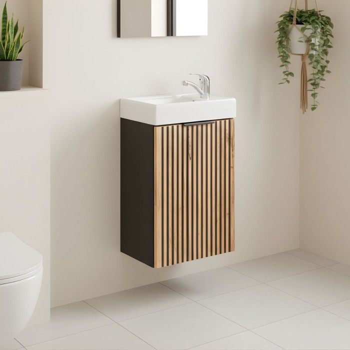 Conjunto KINOKO: mueble bajo lavabo con armarios 40cm + lavabo blanco rectangular de sobreponer