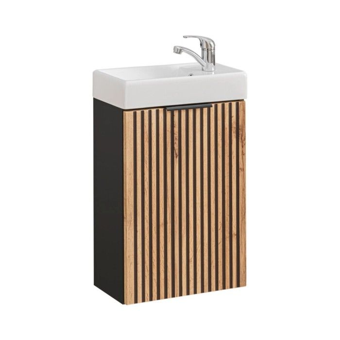 Conjunto KINOKO: mueble bajo lavabo con armarios 40cm + lavabo blanco rectangular de sobreponer