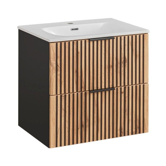 Badezimmer-Set KINOKO: Waschtischunterschrank mit Schubladen 60cm + Einbauwaschbecken weiß + Siphon