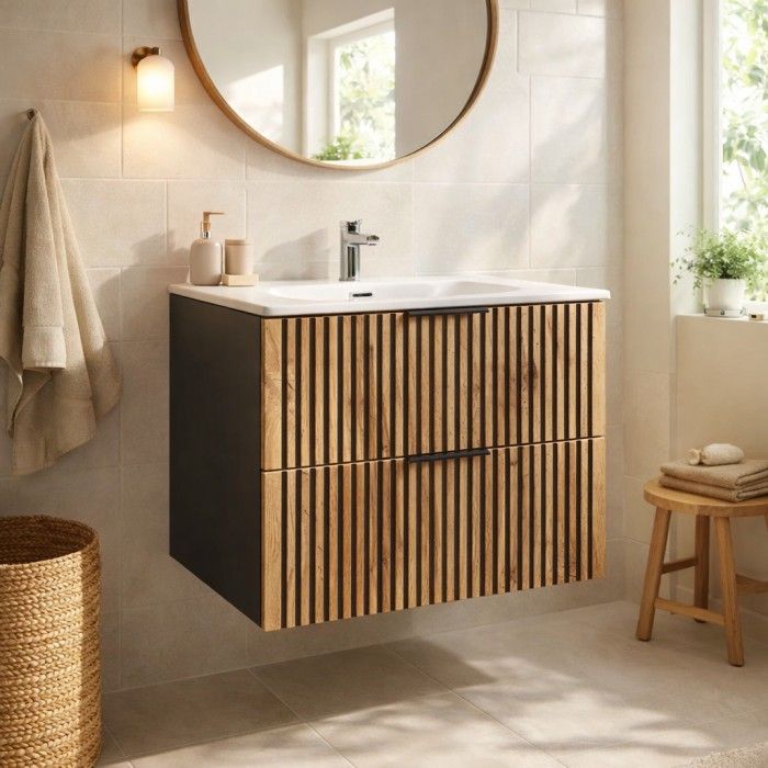 Badezimmer-Set KINOKO: Waschtischunterschrank mit Schubladen 60cm + Einbauwaschbecken weiß + Siphon