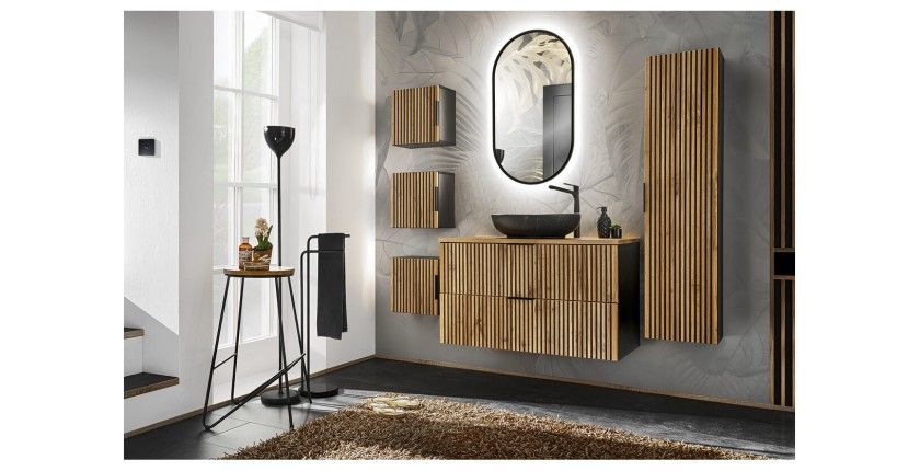 Set KINOKO: mobile sottolavabo 100cm + lavabo nero da appoggio + 1 specchio LED + mobili di contenimento