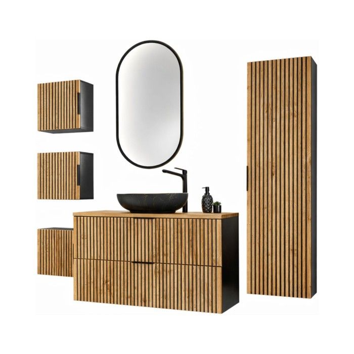 Set KINOKO: mobile sottolavabo 100cm + lavabo nero da appoggio + 1 specchio LED + mobili di contenimento