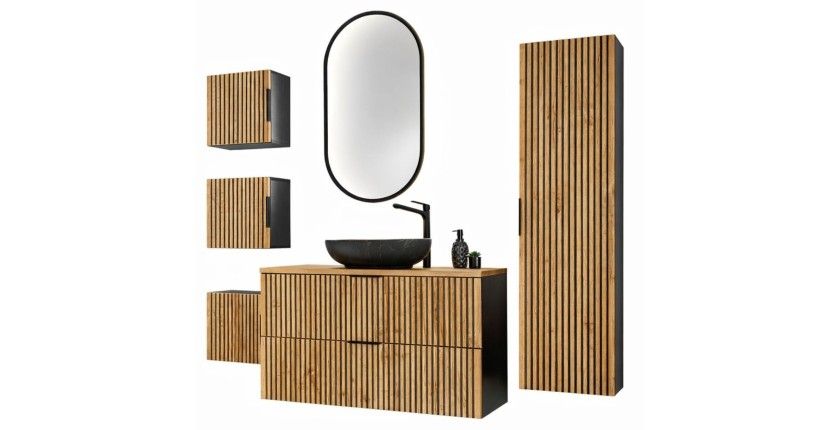 Set KINOKO: mobile sottolavabo 100cm + lavabo nero da appoggio + 1 specchio LED + mobili di contenimento