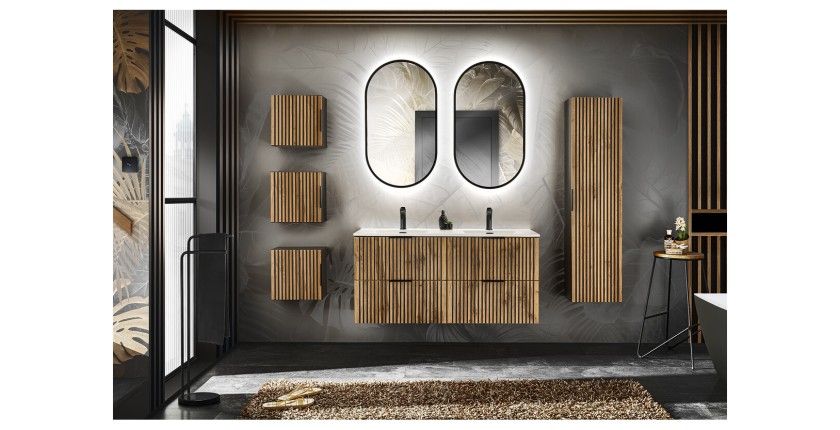 Set KINOKO: mobile sottolavabo 120cm + doppio lavabo incassato bianco + 2 specchi LED + mobili per il contenimento