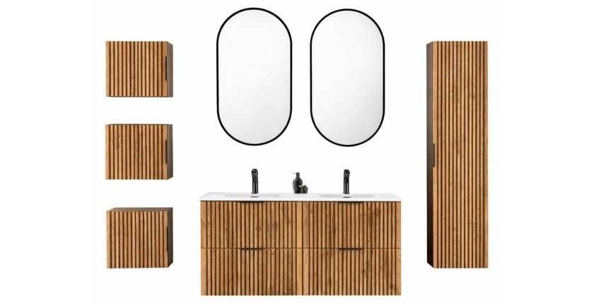 Set KINOKO: mobile sottolavabo 120cm + doppio lavabo incassato bianco + 2 specchi LED + mobili per il contenimento