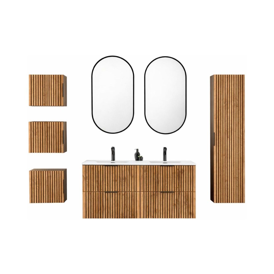 Set KINOKO: mobile sottolavabo 120cm + doppio lavabo incassato bianco + 2 specchi LED + mobili per il contenimento