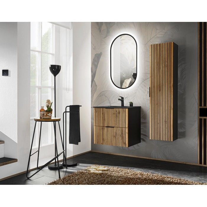 Set KINOKO: mobiletto sottolavabo 60cm + lavabo da incasso nero + specchio LED + colonna di stoccaggio