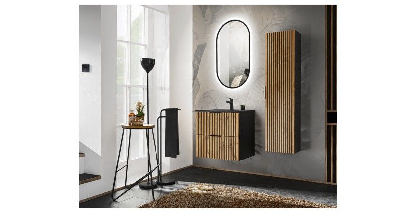 Set KINOKO: mobiletto sottolavabo 60cm + lavabo da incasso nero + specchio LED + colonna di stoccaggio