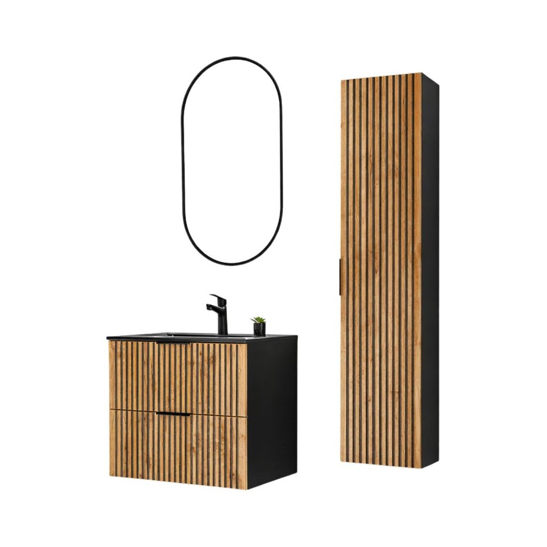 Set KINOKO: mobiletto sottolavabo 60cm + lavabo da incasso nero + specchio LED + colonna di stoccaggio