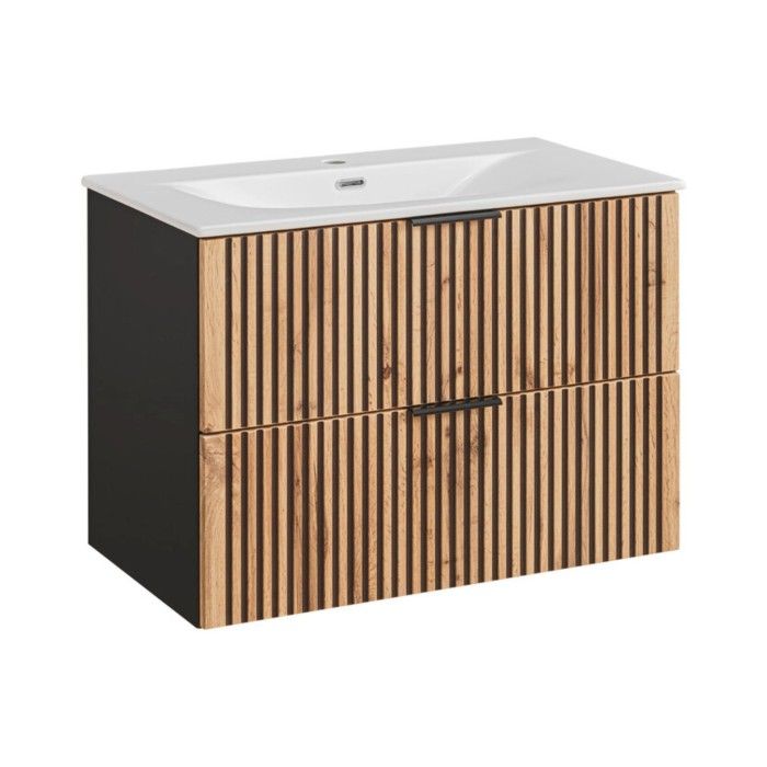 Badezimmer-Set KINOKO: Waschtischunterschrank mit Schubladen 80cm + Einbauwaschbecken weiß