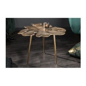 Table basse avec plateau en forme de feuille dorée METRIX vue de face