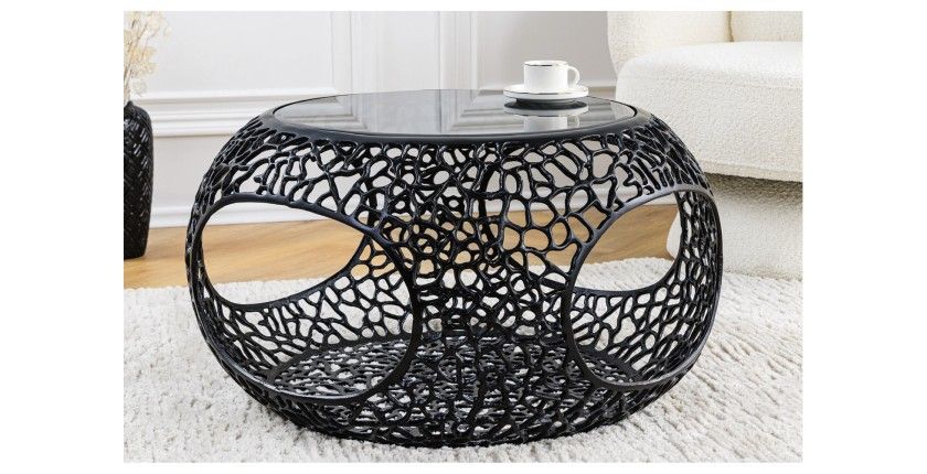 Table basse ronde avec niche centrale noire METRIX mise en situation