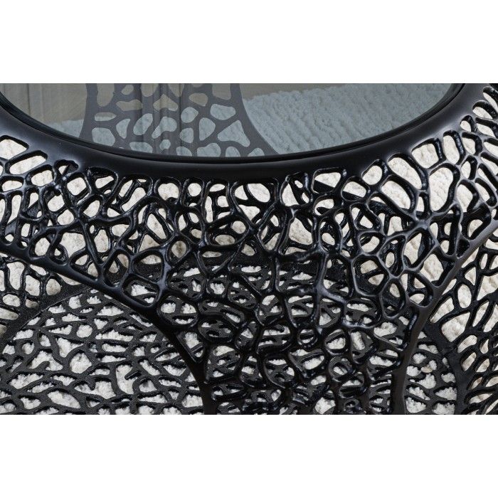 Tavolino METRIX rotondo 74 cm nero con piano in vetro temperato – Tavolino design con nicchie aperte