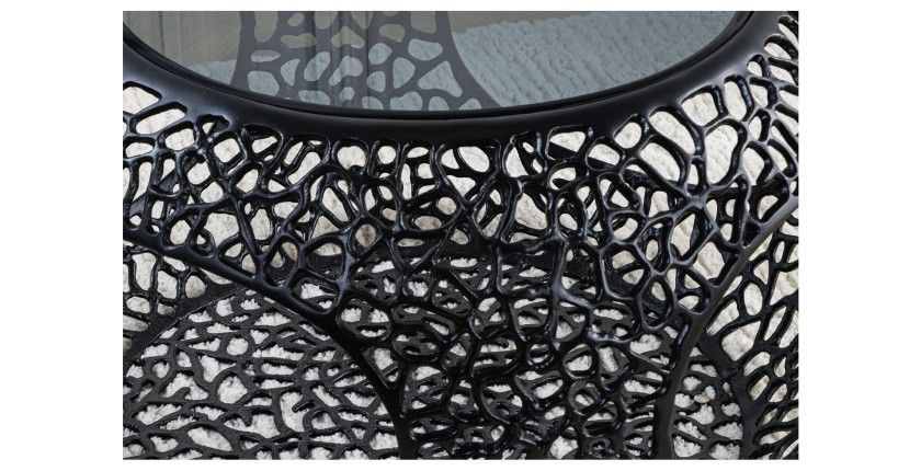 Zoom sur le corps de la table basse ronde avec niche centrale noire METRIX