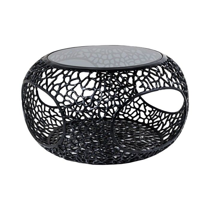 Tavolino METRIX rotondo 74 cm nero con piano in vetro temperato – Tavolino design con nicchie aperte