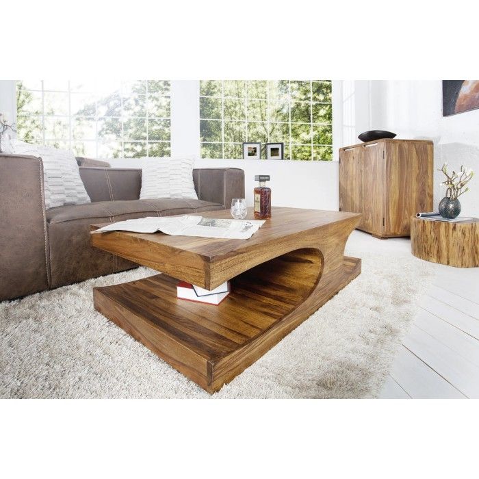 Mesa de centro NOMA 118 cm en madera de sheesham – Mesa de centro de diseño en madera maciza con nichos