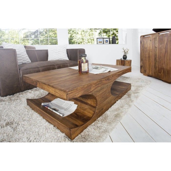 Mesa de centro NOMA 118 cm en madera de sheesham – Mesa de centro de diseño en madera maciza con nichos