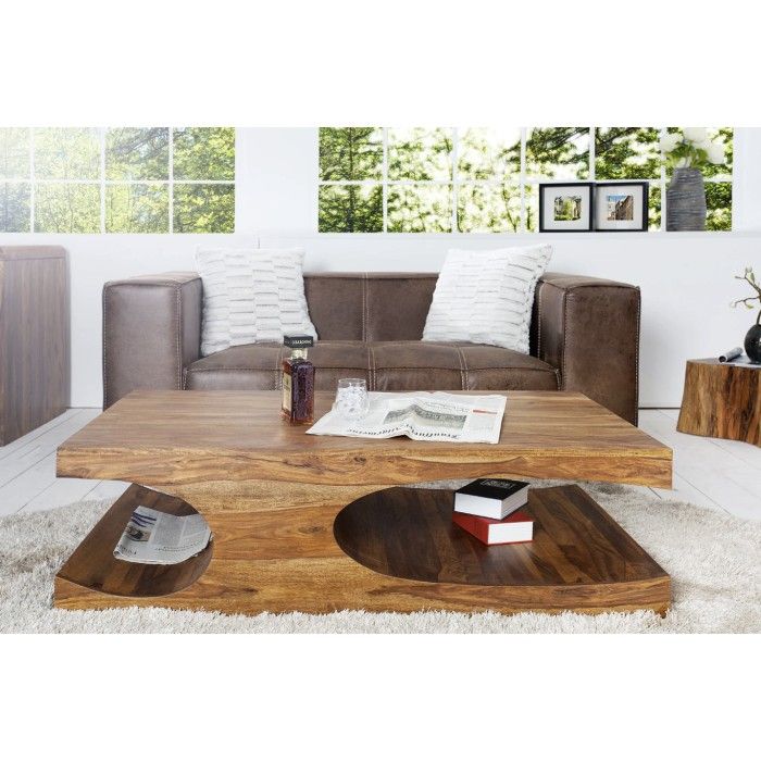 Mesa de centro NOMA 118 cm en madera de sheesham – Mesa de centro de diseño en madera maciza con nichos