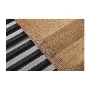 Zoom sur la tranche du plateau en bois de la table basse rectangulaire en bois et en métal 100cm