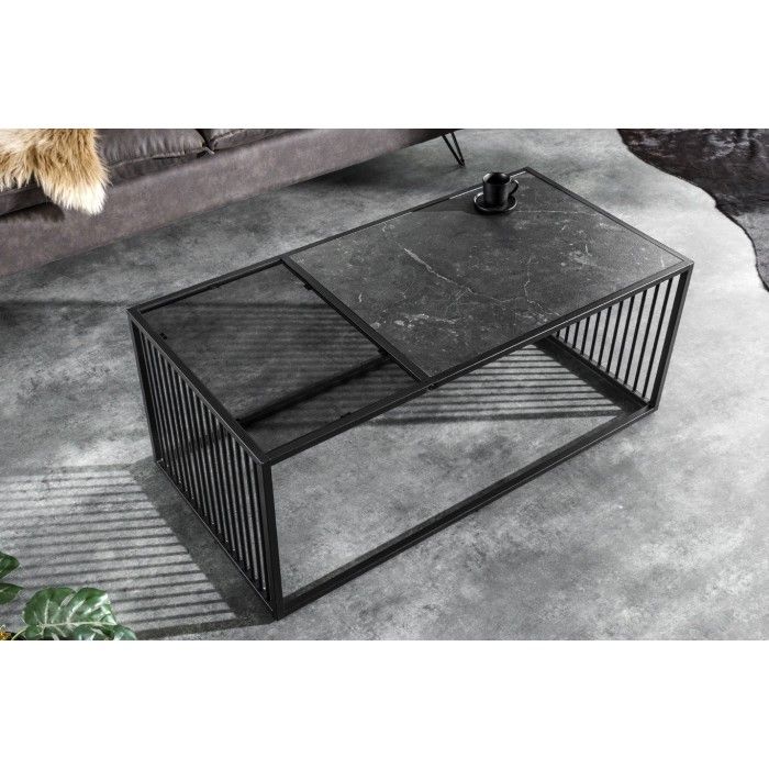 Table basse rectangulaire noir avec plateau partiellement en verre trempé ABITTA vue de haut